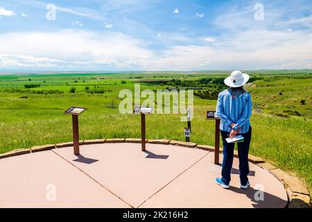 Female tourist; Sharpshooter's Ridge; Little Bighorn Battlefield National Monument; Montana; USA Stock Photo