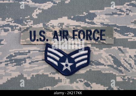 August 31, 2020. US AIR FORCE branch tape and Senior Airman rank patch on digital tiger-stripe pattern Airman Battle Uniform (ABU) Stock Photo