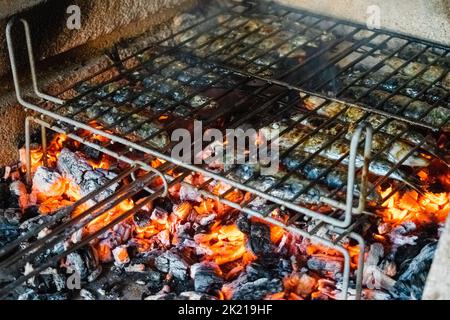 Grilling sardines over the barbecue fire Stock Photo