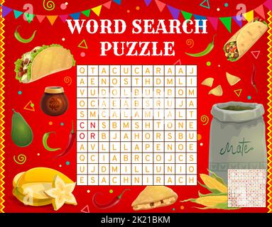 Mexican fast food and meals. Word search puzzle game worksheet. Kids quiz grid, vocabulary game and vector puzzle with tacos, carambola and mate, avocado, calabash and burrito, jalapeno, quesadilla Stock Vector