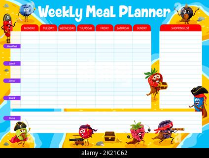 Weekly meal planner. Cartoon berry wizards, warlocks and witches ...