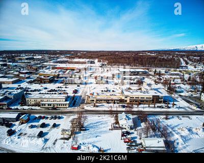 Winter aerial photo of downtown Palmer Alaska Stock Photo