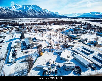 Winter aerial photo of downtown Palmer Alaska Stock Photo