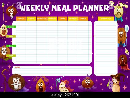 Cartoon nuts wizard, magician, mage and witch characters on weekly meal planner vector schedule. Organizer check list with pumpkin, pistachio and walnut, coffee, bean and peanut sorcerers personages Stock Vector