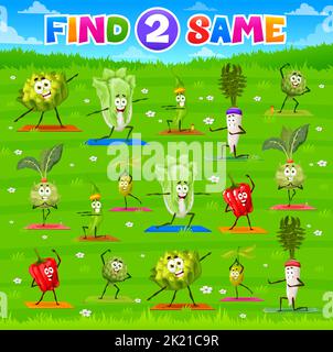 Find two same cartoon vegetables on yoga fitness. Vector worksheet with funny veggies personages cauliflower, chinese cabbage, green pea pod, radish and artichoke, kohlrabi, olive with bell pepper Stock Vector