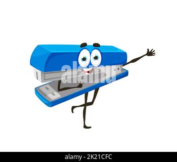 Cartoon cute school stapler character. Isolated vector office stationery personage with cute smiling face. Blue stapler with positive emotions, tool for stapling paper and documents Stock Vector