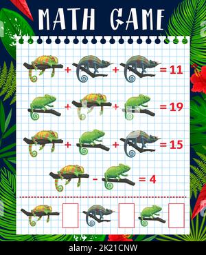 Math game worksheet, cartoon tropical chameleons, education maze. Vector quiz for kids with addition or subtraction educational task with funny lizards. Mathematics riddle worksheet Stock Vector