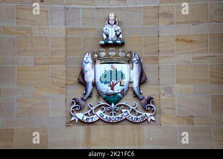 Glasgow royal concert hall logo coat of arms protected from pigeons by wire Glasgow, Scotland, UK Stock Photo