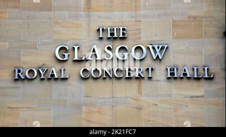 Glasgow royal concert hall logo coat of arms protected from pigeons by wire Glasgow, Scotland, UK Stock Photo
