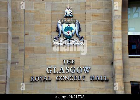 Glasgow royal concert hall logo coat of arms protected from pigeons by wire Glasgow, Scotland, UK Stock Photo