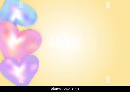 Pastel Color Shiny Hearts on Light Yellow Background Illustration. Blue, Pink and Blue 3d objects. Stock Vector
