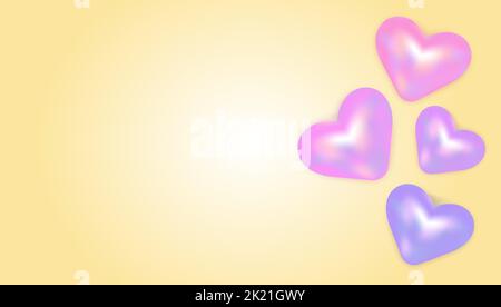Pastel Pink Shiny Hearts on Light Yellow Background Illustration. Purple and Pink 3d objects on Blank Banner Stock Vector