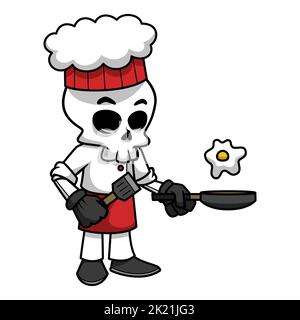 A Skull Chef Wearing a Costume And Hat Is Cooking Eggs Using his Spatula And Frying Pan. Skull Cartoon Illustration. Stock Vector
