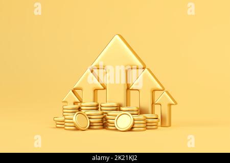 Gold up arrow and coin stacks on yellow background. Financial success and growth concept. finance savings investment concept .3d rendering Stock Photo