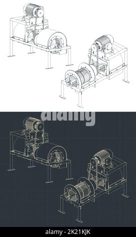 Stylized vector illustrations of isometric blueprints of industrial centrifuge air blower Stock Vector