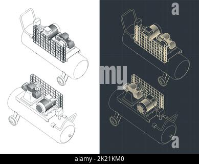 Stylized vector illustration of isometric blueprints of air compressors Stock Vector