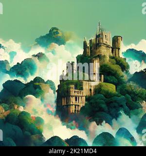A large gothic castle stands on the edge of a cliff. Digital illustration. Stock Photo