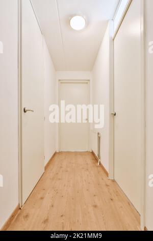 Interior of modern flat in minimal style with narrow empty corridor illuminated by lamps Stock Photo