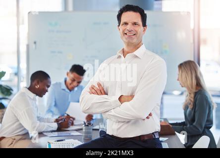 Business leader collaboration, team meeting and marketing office whiteboard. Man training workshop for company sales strategy, financial presentation Stock Photo