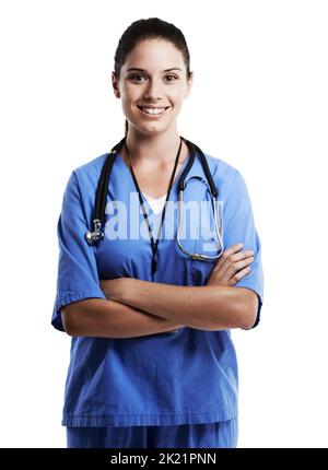 Female surgeon standing against white background Stock Photo - Alamy