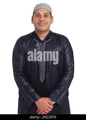 Celebrating faith. Studio portrait of a young arabic man isolated on white. Stock Photo