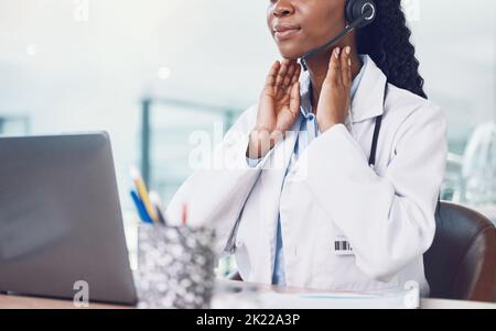 Telehealth, video call and thyroid doctor on virtual consultation online for thyroid exam, medical advice or assessment. Innovation healthcare, black Stock Photo