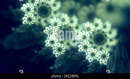 Dreamy Deep Sea Green Fractal Nautilus Spirals Background. Whimsical blurred blue green conic shell abstract seascape render. Stock Photo