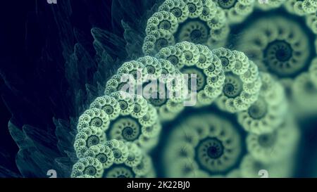 Dreamy Deep Sea Green Fractal Nautilus Spirals Background. Whimsical blurred blue green conic shell abstract seascape render. Stock Photo