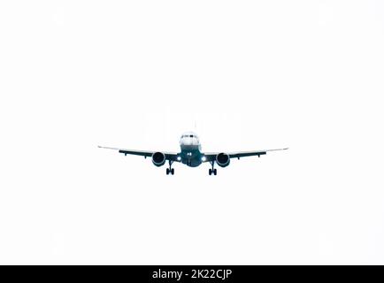 Front of real plane aircraft, isolated on white background. White aircraft 3D backdrop illustration Stock Photo