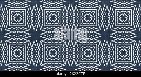Seamless tribal ethnic indigo blue batik surface design pattern on rough linen, a trendy contemporary tileable abstract geometric shibori textile for Stock Photo
