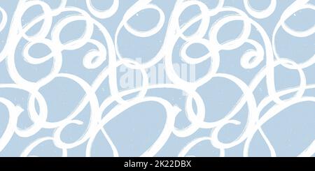 Seamless freestyle hand drawn painterly brush stroke modern abstract graffiti scribble doodle pattern in light blue and white. Baby boy nautical theme Stock Photo
