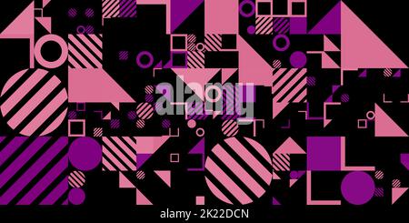 Seamless Retro 80s and 90s Abstract Geometric Circles, Triangles, Squares and Stripes Memphis pattern. Trendy Velvet Violet, Pacific Pink and Black Ti Stock Photo