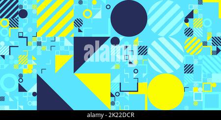 Seamless Retro 80s and 90s Abstract Geometric Circles, Triangles, Squares and Stripes Memphis pattern. Trendy Navy Blue and Yellow Tileable Background Stock Photo