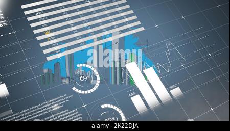 Image of statistics with data processing over cityscape on blue background Stock Photo