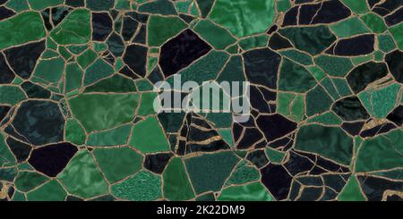 Seamless glossy green and black gold encrusted broken marble mosaic tiles background texture. Luxury cracked ceramic art deco cobblestone tileable wal Stock Photo