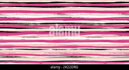 Seamless Hand Painted Playful loose Horizontal grunge stripes pattern in hot pink black and white. Baby girl or dopamine dressing style. High resoluti Stock Photo