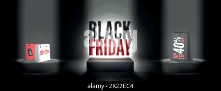 Black friday 40 persent discounts realistic vector banner template. Year biggest sale advert with 3d shopping bags on pedestals in spotlights. Trendy discount offer wide promo poster design Stock Vector