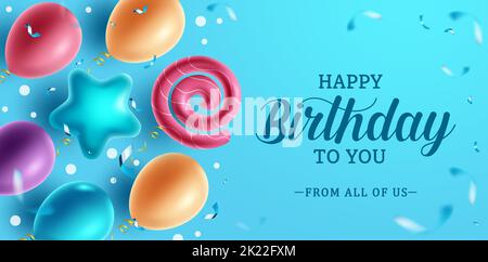 Birthday greeting vector background design. Happy birthday to you text in blue space with flying balloon shape and confetti elements for cute birth. Stock Vector