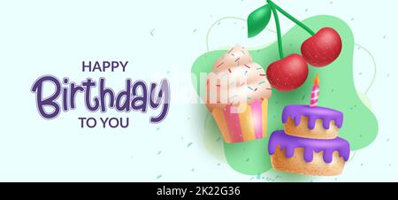 Birthday text vector background design. Happy birthday typography with cup cake, cake and cherry elements for kids party celebration banner. Stock Vector