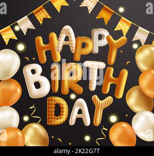 Happy birthday 3d text vector concept design. Birthday celebration with golden balloon bunch, confetti and pennants element for birth day party. Stock Vector