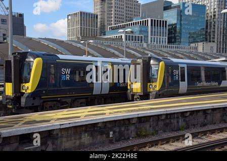 South Western Railway Siemens Desiro class 444 trains waiting to depart Waterloo Station, London, UK Stock Photo