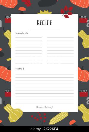 Vector flat illustration with fall geometrical elements. Template for recipes has symbols of autumn time. Poster with ingredient list is decorated by Stock Vector