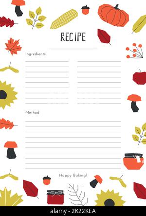 Vector illustration with flat fall elements. Template for recipe list has geometrical symbols of autumn time. Poster is decorated by leaves, berries, Stock Vector