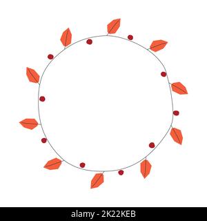 Vector isolated circle illustration with flat bonacal wreath. Round frame has tree branch with orange leaves and red berries. Decorative organic eleme Stock Vector