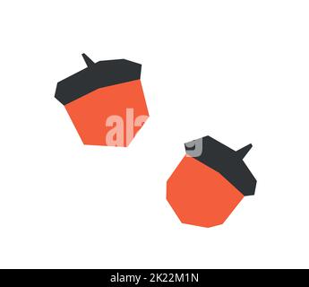 Vector isolated illustration with two botanical elements - flat nuts. Orange symbol of autumn - hazelnut. Decorative minimalistic fall object - acorn Stock Vector