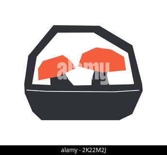 Vector isolated illustration with botanical elements - mushroom basket. Orange and black symbol of autumn harvest from forest. Decorative minimalistic Stock Vector