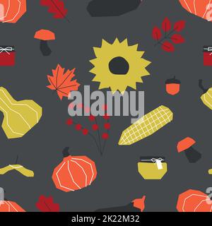 Vector seamless pattern with flat botanical elements. Geometrical symbols of autumn plants and vegetables - pumpkins, berries, nuts and mushrooms. Col Stock Vector