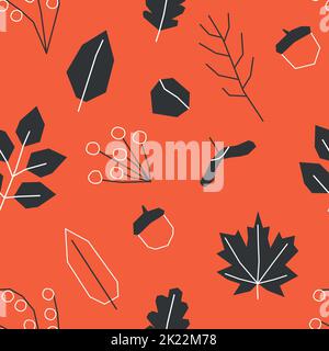 Vector seamless pattern with flat botanical fall elements. Geometrical symbols of autumn nature - branches, leaves, berries and nuts. Black decorative Stock Vector