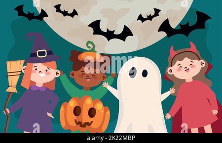 halloween disguised kids at night Stock Vector