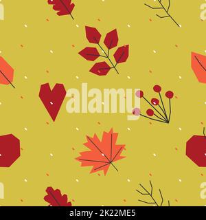 Vector seamless pattern with flat botanical elements with fall mood. Geometrical symbols of autumn nature - leaves, red berries, rain and nuts. Minima Stock Vector